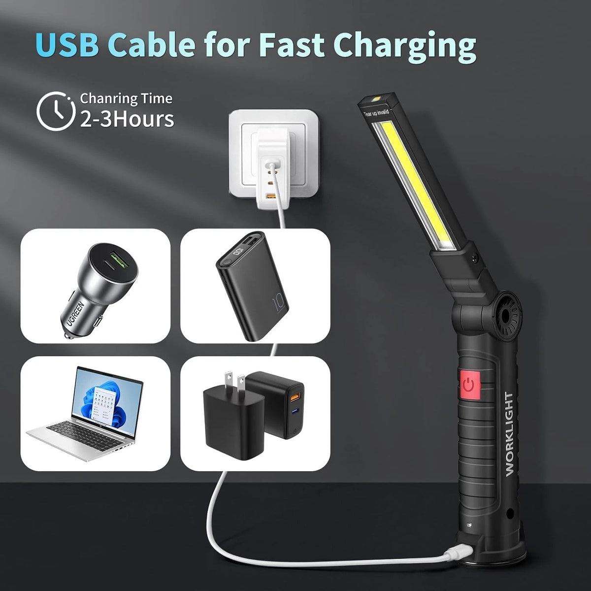 Rechargeable LED Work Light with Magnetic Base, 360° Rotatable, USB-C