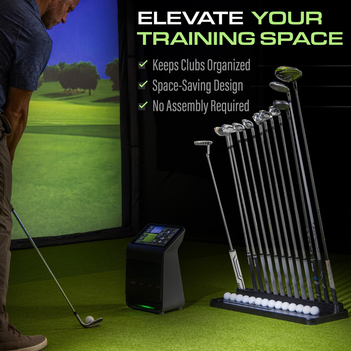 Golf Club Holder Stand - Holds 14 Clubs with Ball & Phone Slots, Black