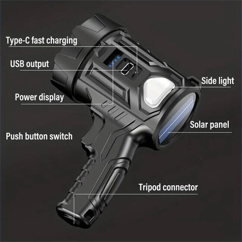 Bright Solar & USB Rechargeable LED Spotlight Flashlight - 900000000LM