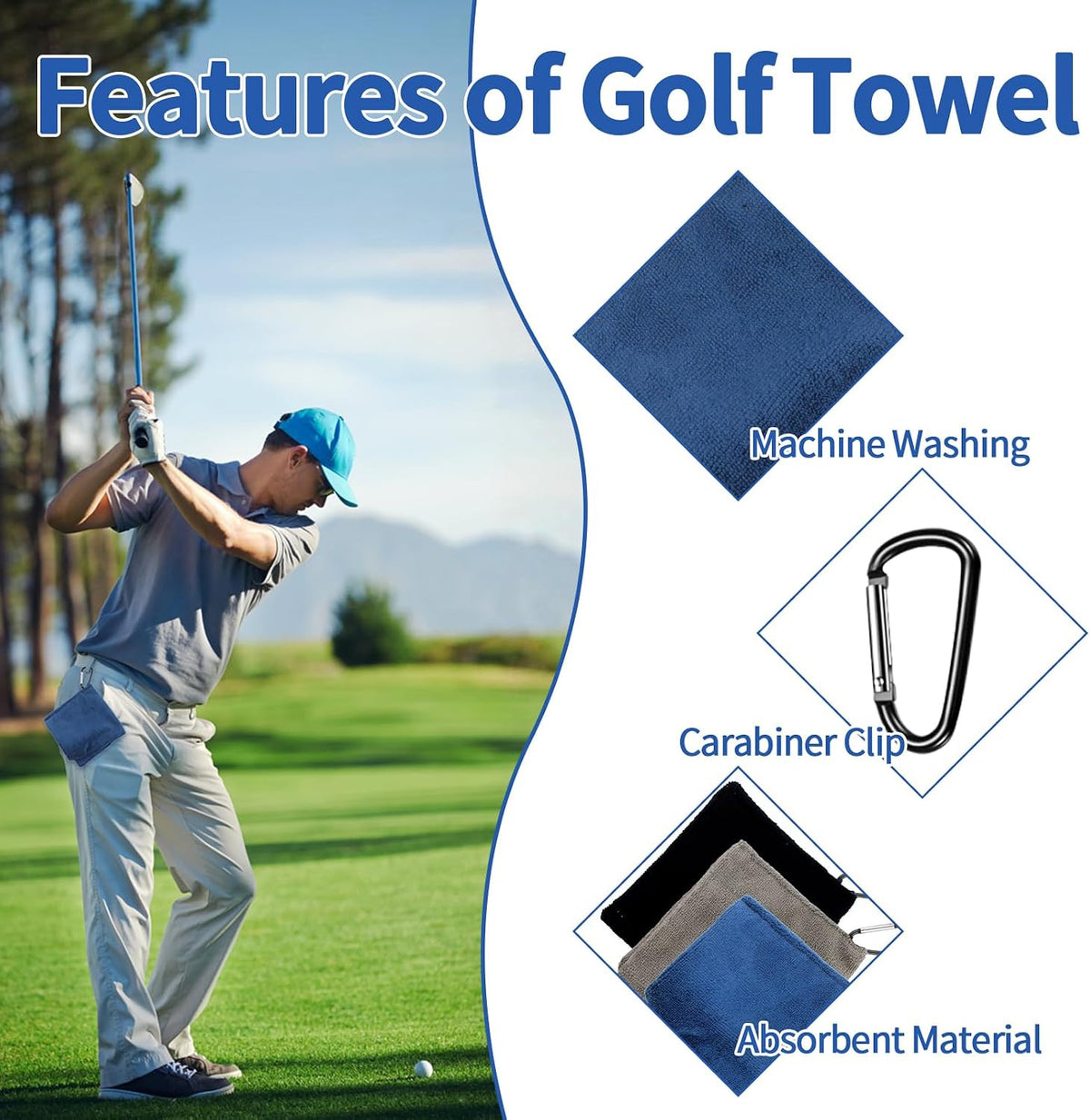 Golf Ball Towels 3-Pack Portable Microfiber Mini Towels with D-Ring Clips