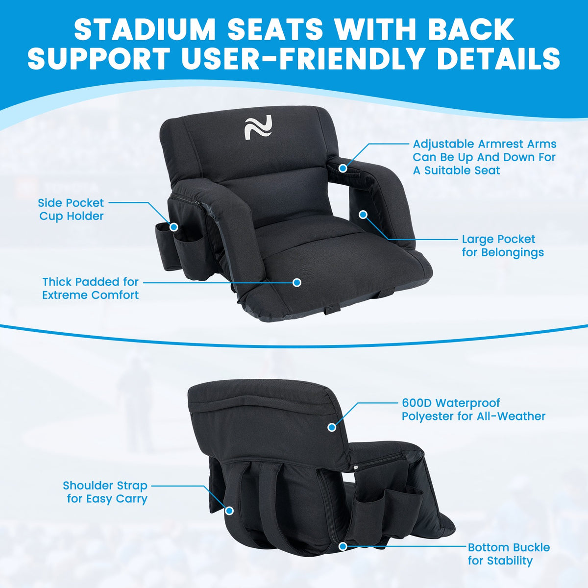 5-Inch Reclining Stadium Seat with Back Support and Sofa-Style Comfort