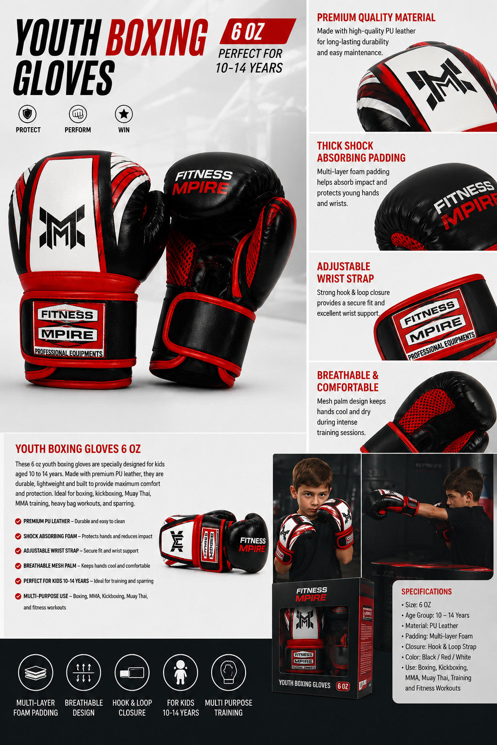 Kids Boxing Gloves 6 oz Youth Training Sparring Kickboxing Gloves