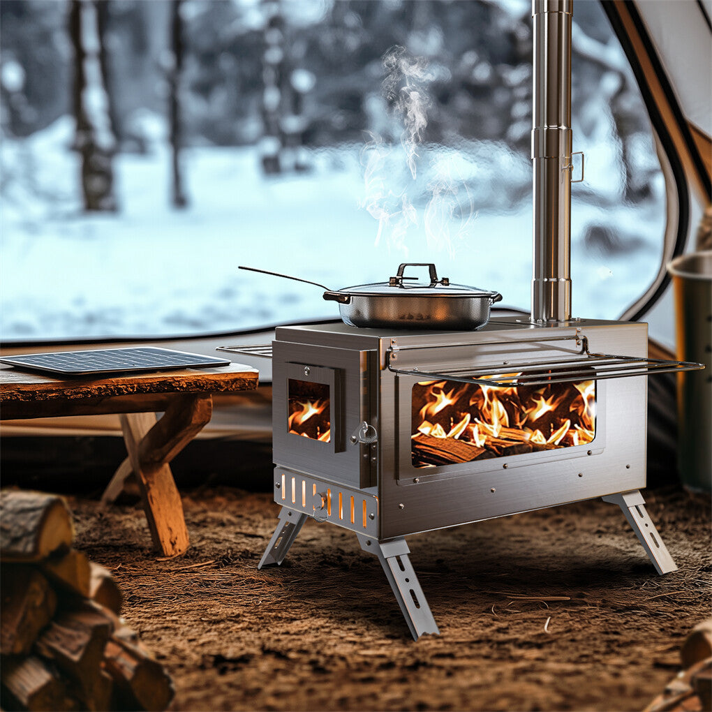 Large Portable Camping Wood Stove with Stainless Steel Chimney Pipe