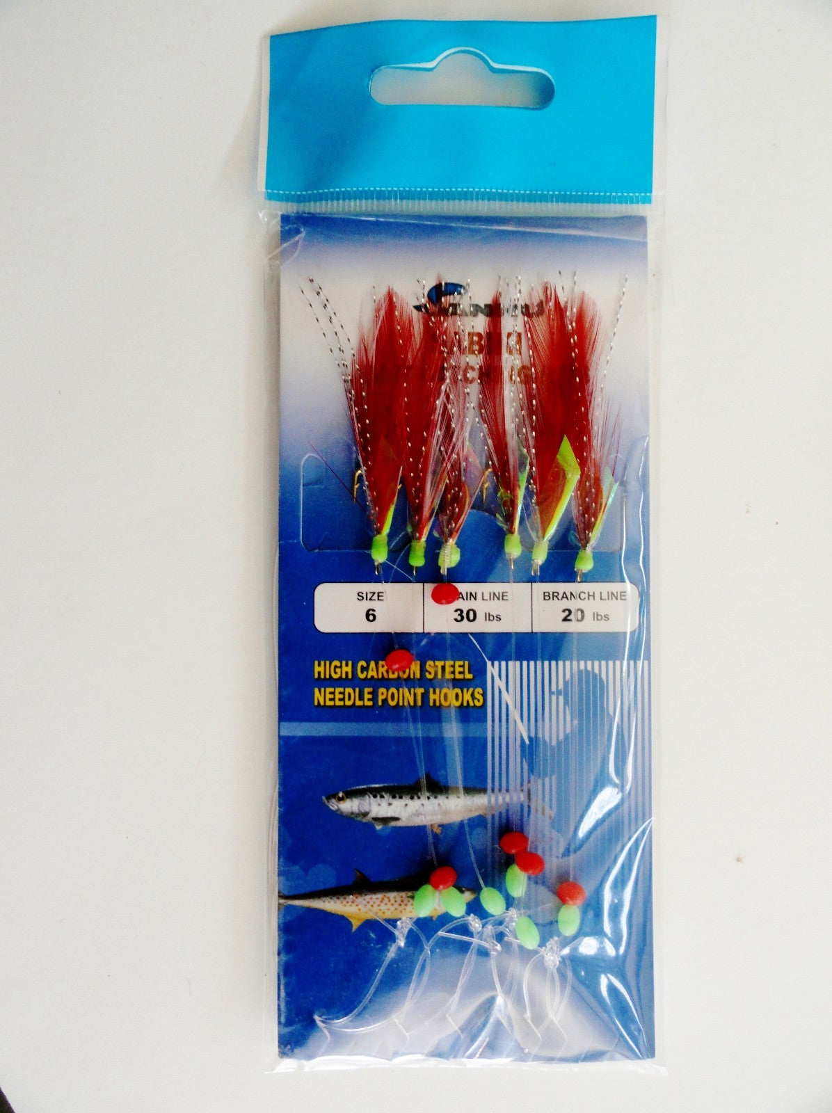 Sabiki Bait Rig with 6 Gold Hooks & Red Feathers - Multiple Sizes & Packs