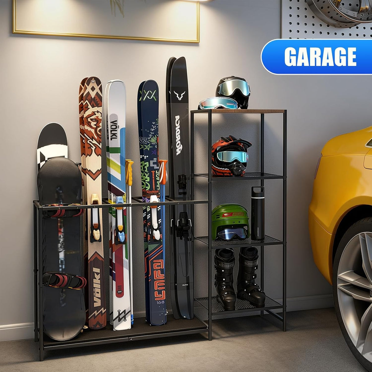 Freestanding Ski Rack with Adjustable Bars for Winter Sports Equipment - Black