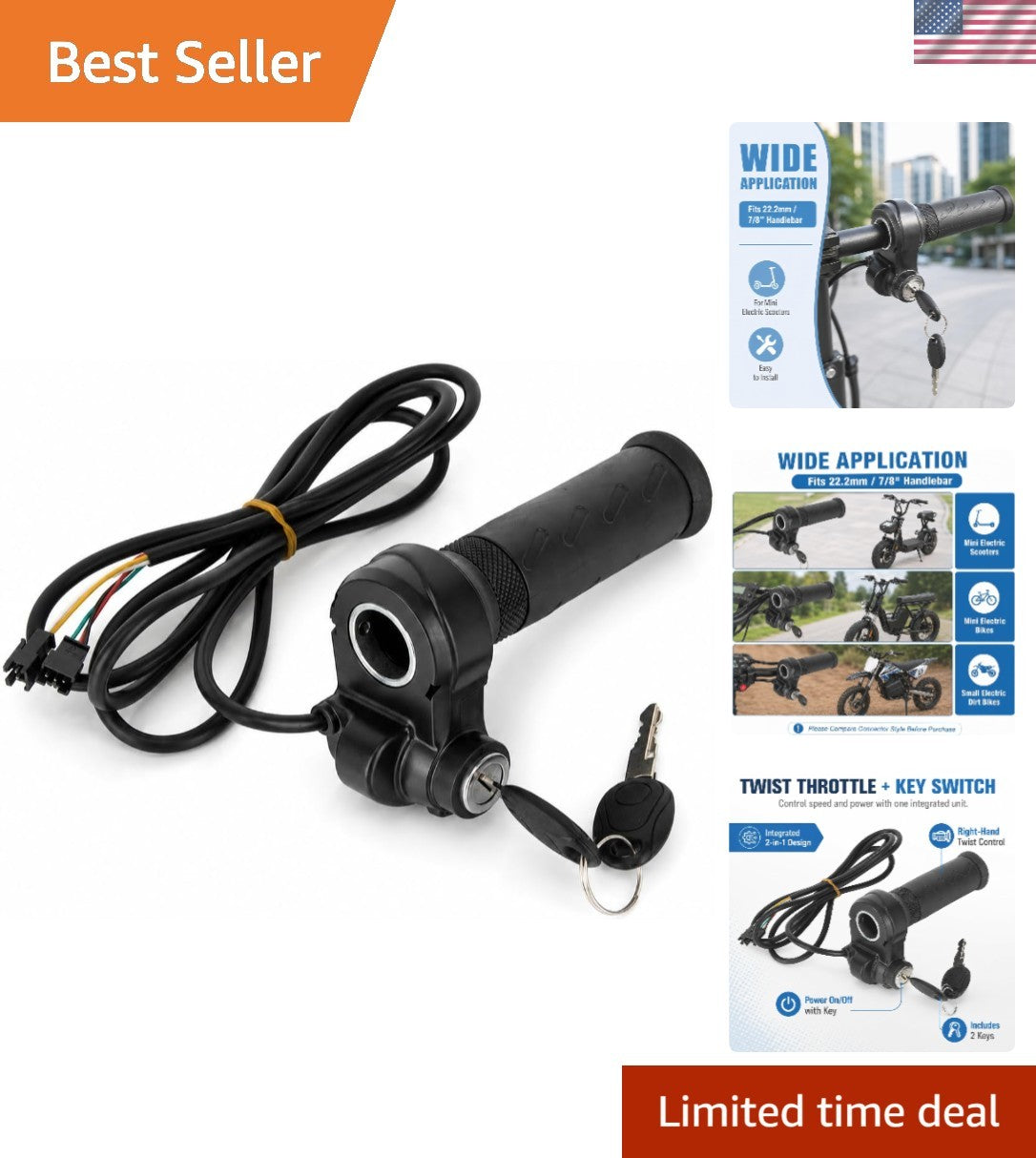 Electric Scooter Throttle 22mm Full Twist Control with 2 Keys - Waterproof & Easy Install