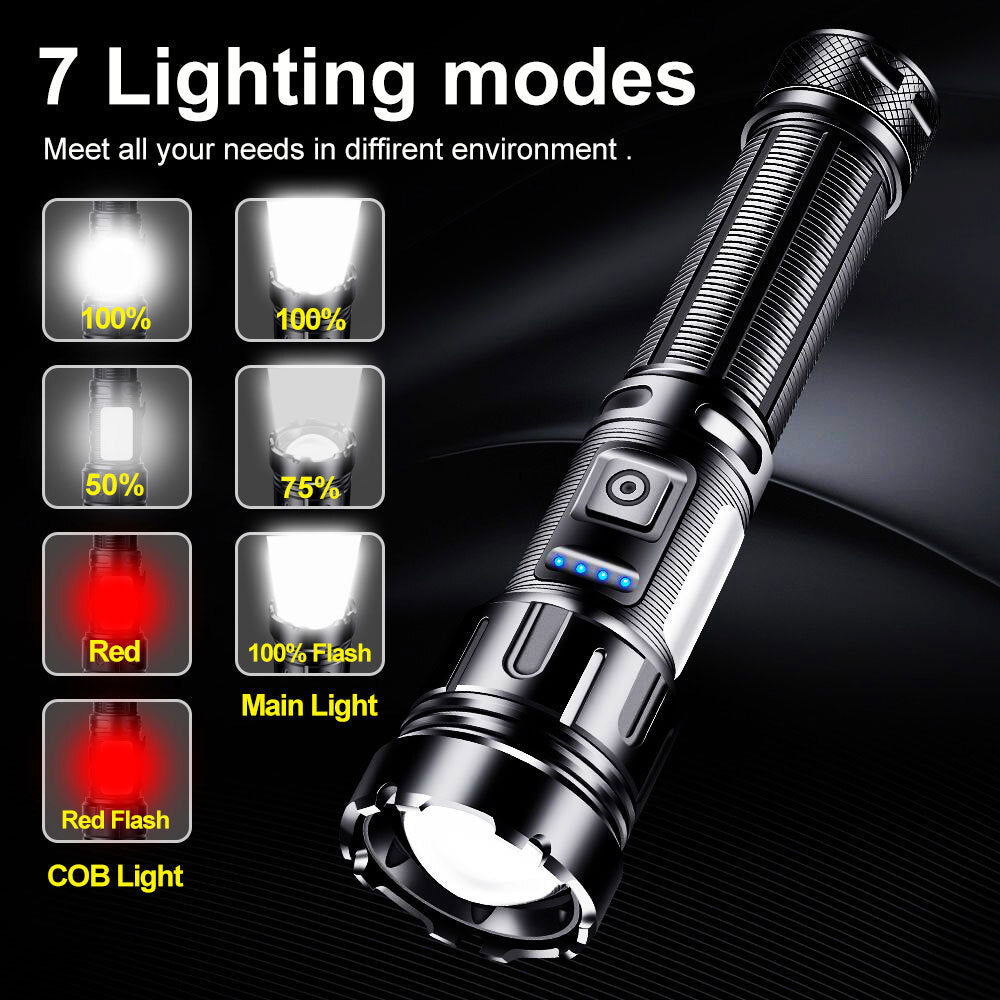 Rechargeable 1,000,000 Lumens LED Tactical Flashlight with COB Side Light and Long Range Beam