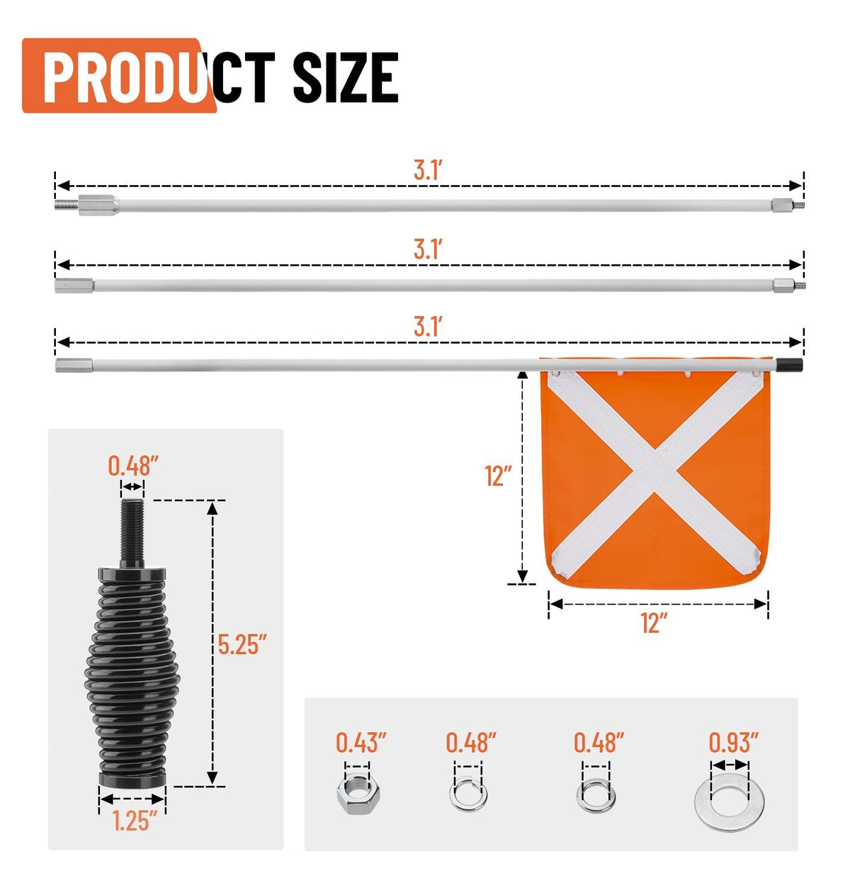 12x12 PVC Reflective Sand Safety Flag with Spring Mounting Base for Off-Road Vehicles
