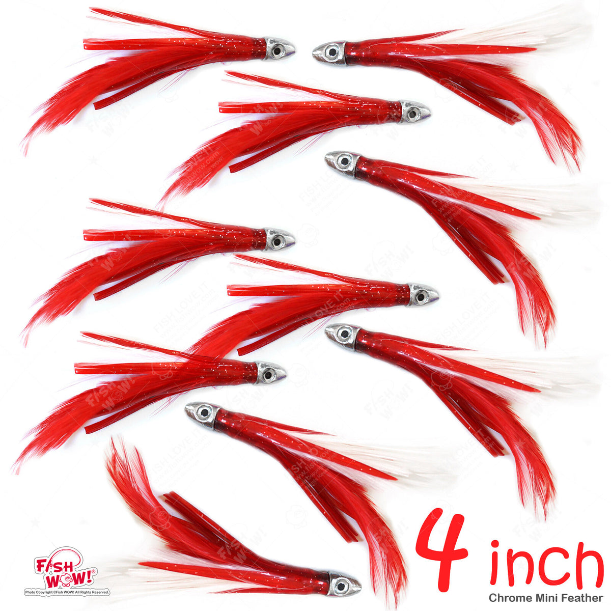 10pcs 4-Inch Chrome Bullet Head Fishing Lures with Feathers for Saltwater Trolling