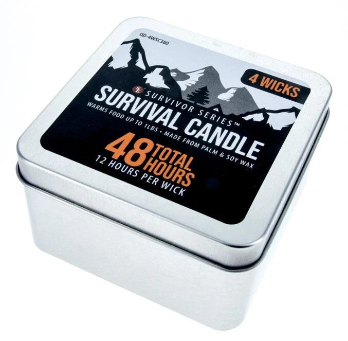 Survival Candle in Tin Box with 4 Wicks, 48 Hour Burn Time, Palm and Soy Wax