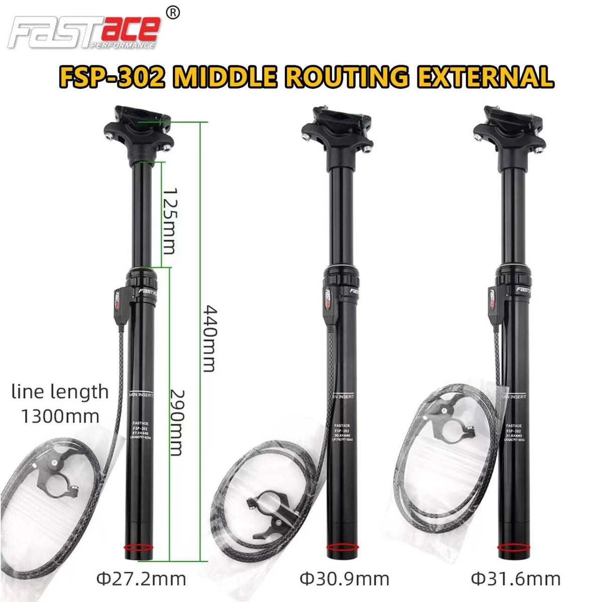 Dropper Seatpost MTB 125mm Travel - 27.2/30.9/31.6mm with External/Internal Cable Routing