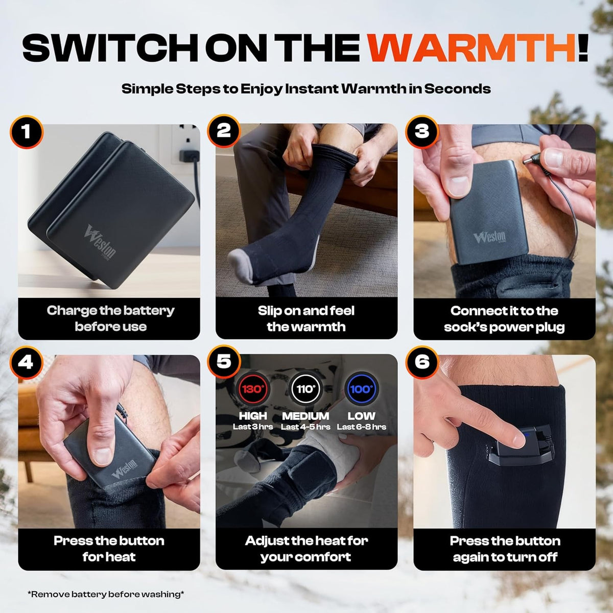 Rechargeable Heated Socks for Men & Women - Warm Winter Socks with 2 4000mAh Batteries, Up to 140°F