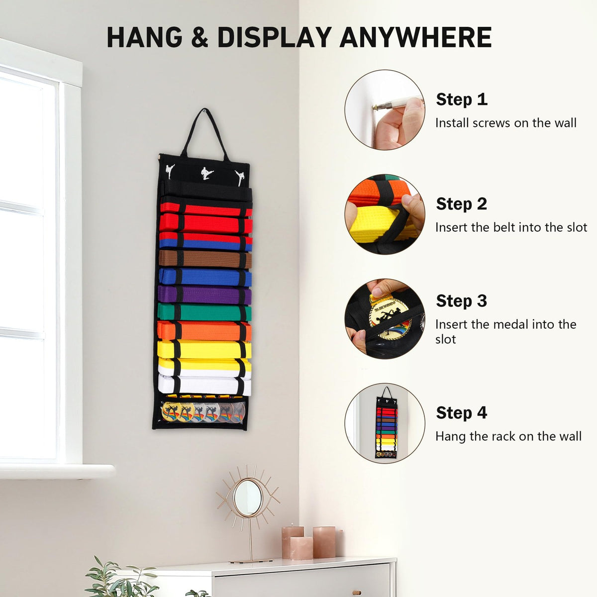 12-Slot Karate Belt Display Rack with Medal Storage – Taekwondo/Martial Arts Wall Organizer