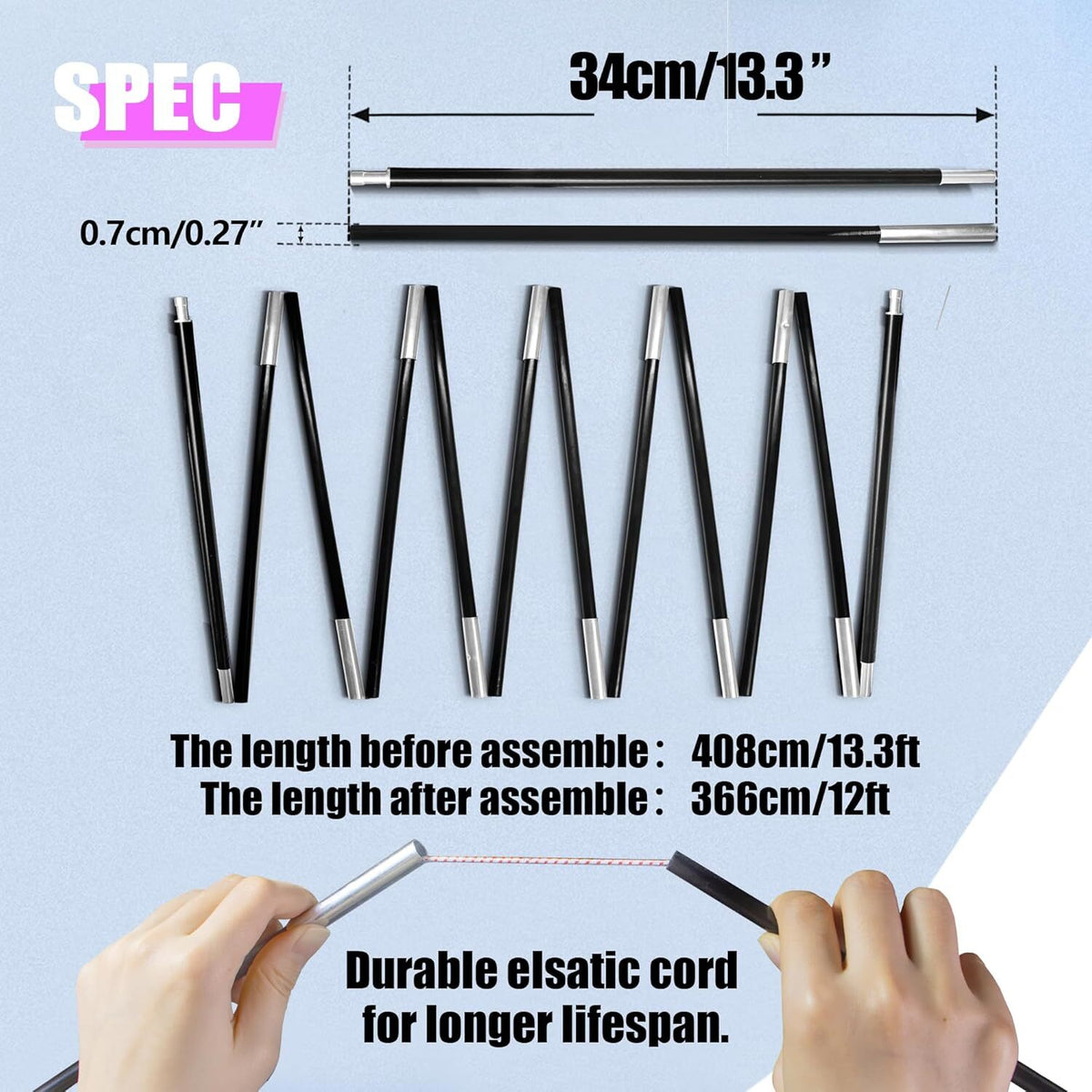 12Ft Aluminum Tent Pole Replacement for Camping & Hiking - Black