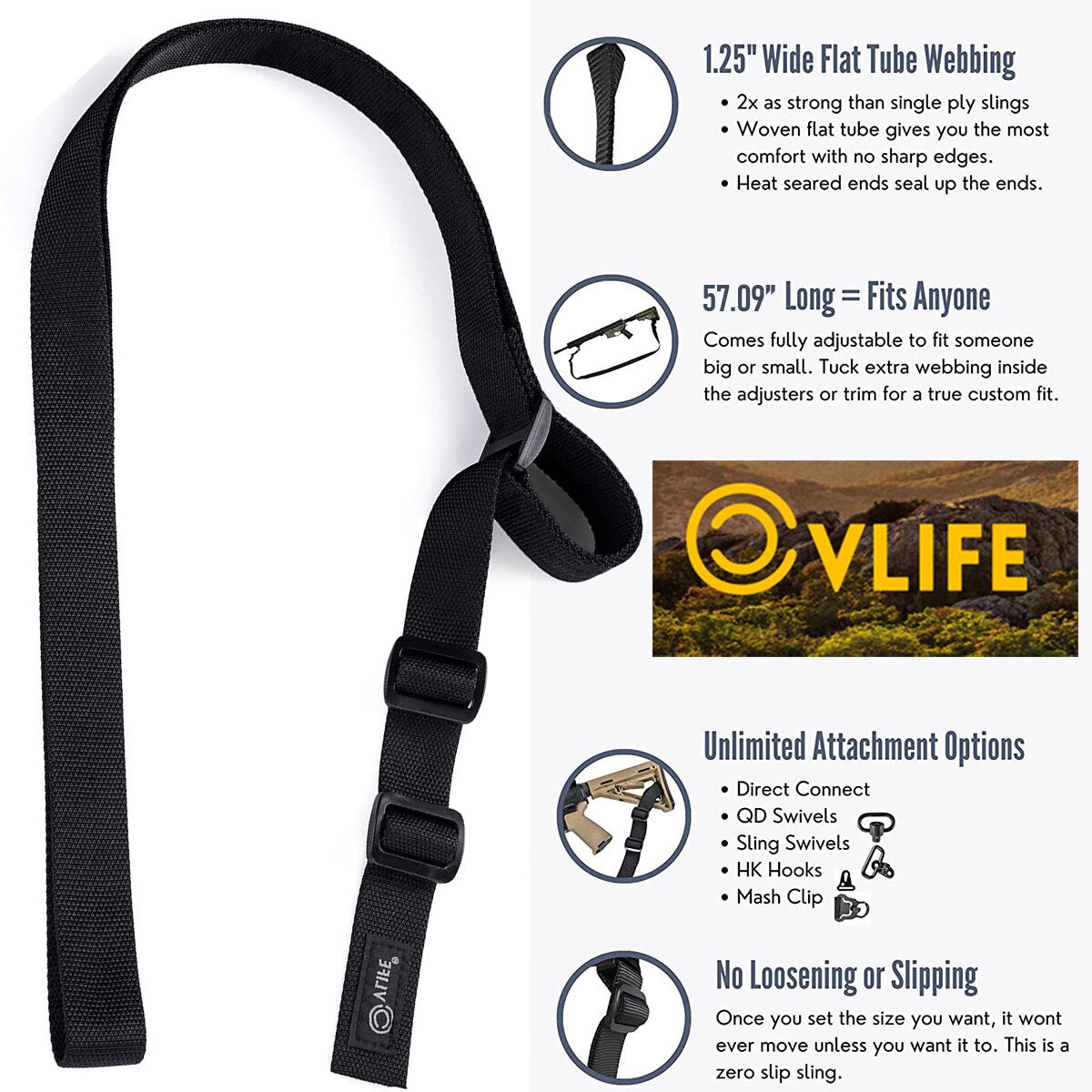 Adjustable Rifle Sling 2 Points with Quick-Loop Webbing 1.25 inch Black