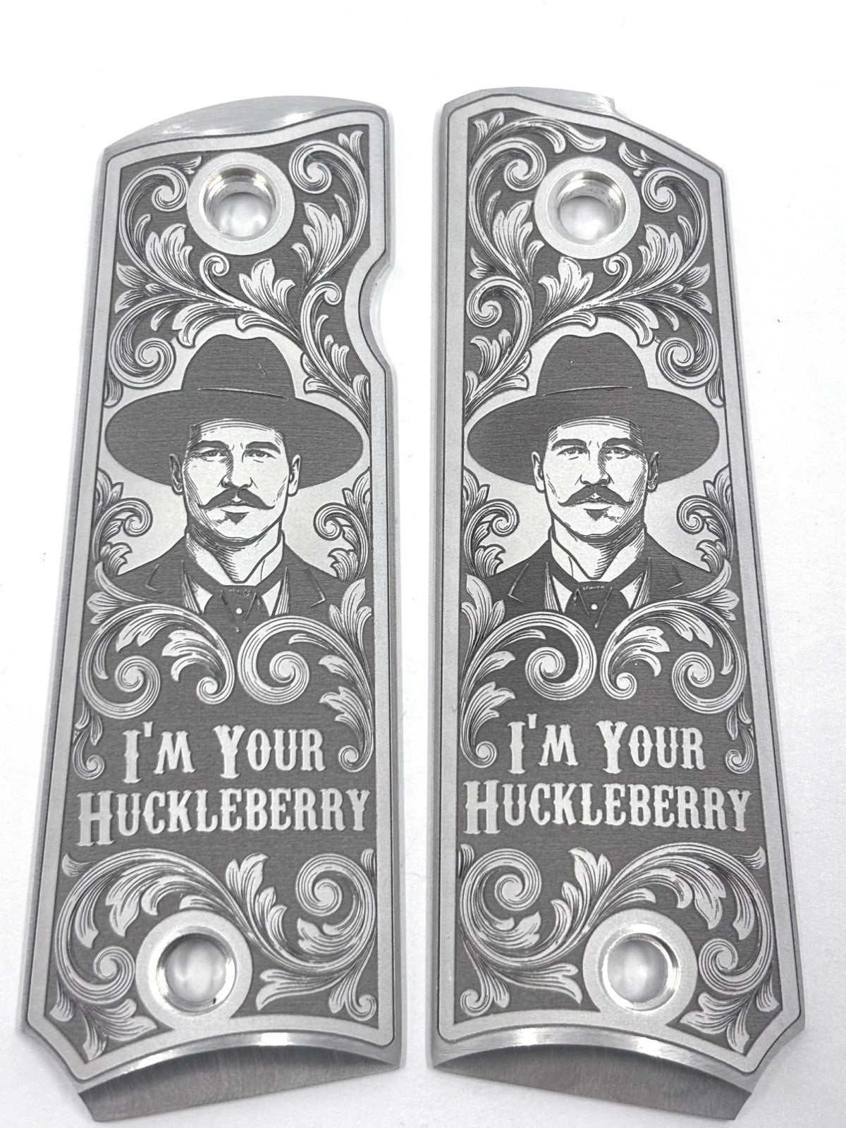 Custom Engraved 1911 Aluminum Pistol Grips - Doc Holliday Scroll Design