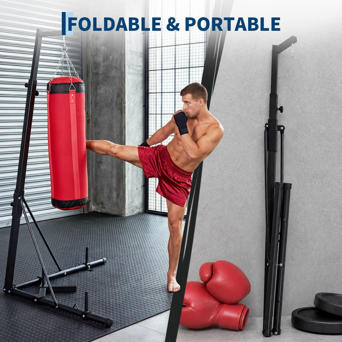 Heavy Duty Adjustable Punching Bag Stand with Steel Frame and Foldable Design