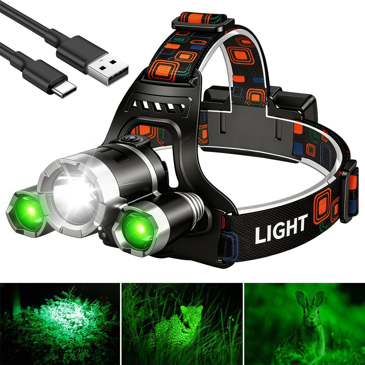 Rechargeable Green LED Headlamp with 4 Modes for Hunting Fishing and Blood Tracking