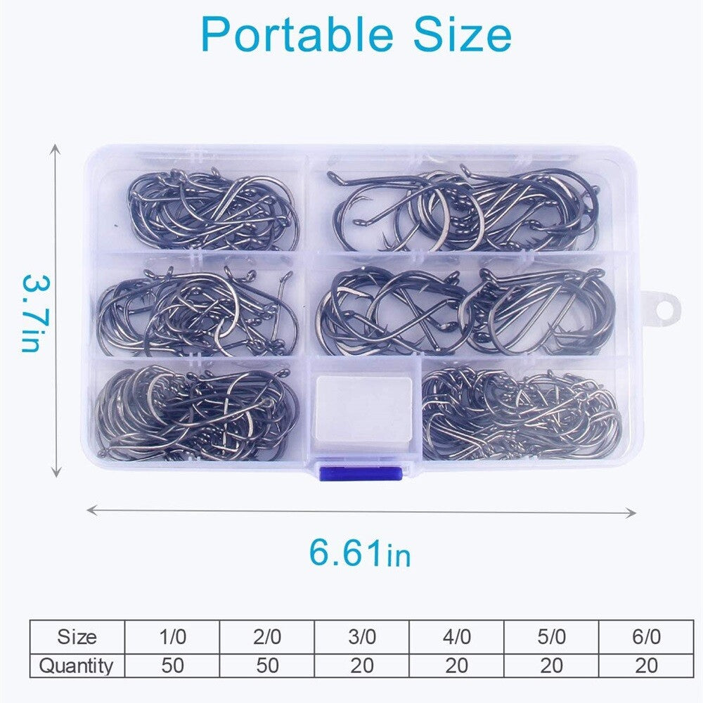 Offset Circle Fishing Hooks Set - High Carbon Steel, Sizes #1-5/0, 160 Pack