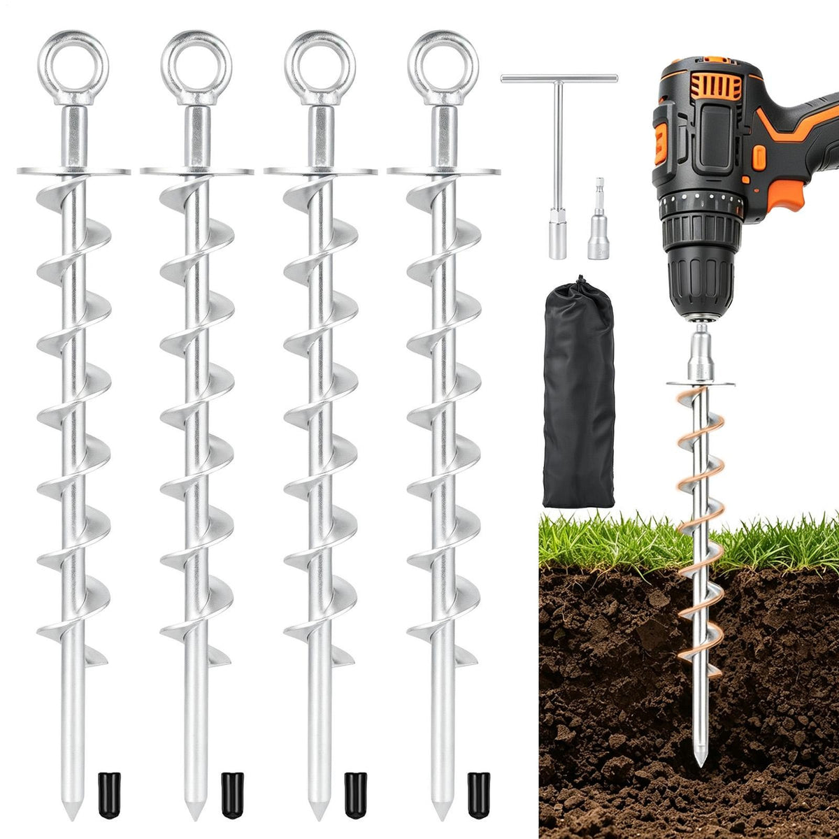 Heavy Duty Ground Anchors Screw in 4 Pack for Tent, Swing Set, Pergola - Rust-Resistant Steel