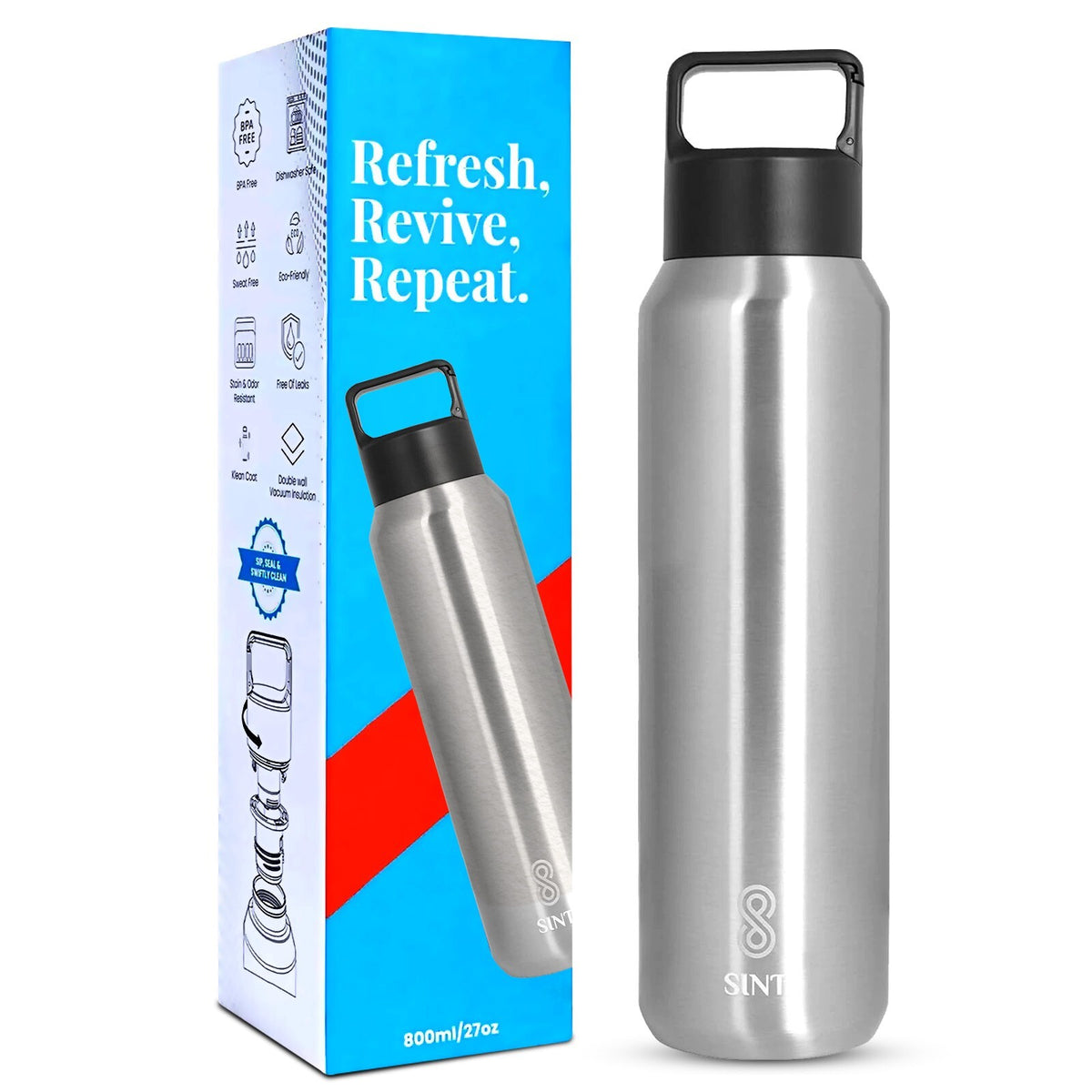 Insulated Stainless Steel Sports Water Bottle - Leak Proof, Sweat-Free, 27 Oz