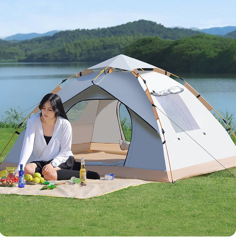Pop-Up 3-4 Person Camping Tent Beige Waterproof Sun Shelter with Doors & Windows