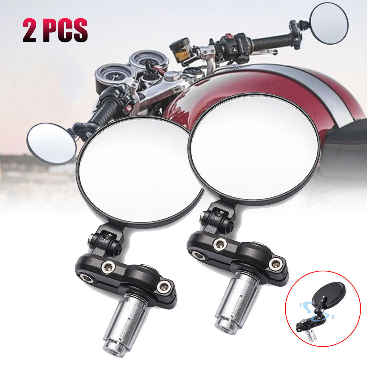 Motorcycle Rear View Mirrors Handlebar End Side Mirrors Black 7/8"