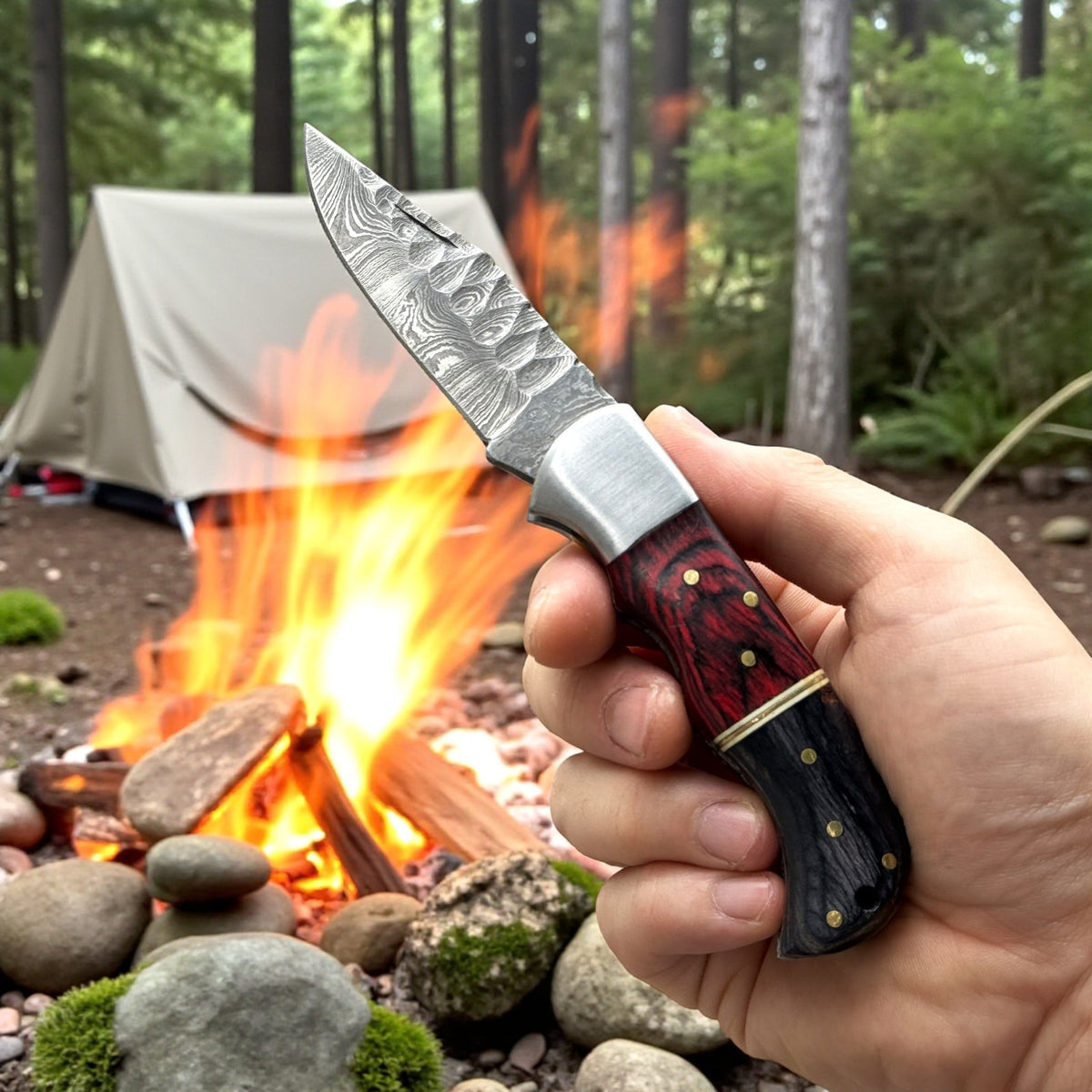 Personalized Damascus Folding Knife with Carved Blade and Leather Sheath