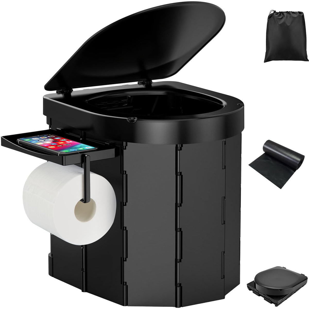 Portable Camping Toilet with Phone Shelf and Toilet Paper Holder