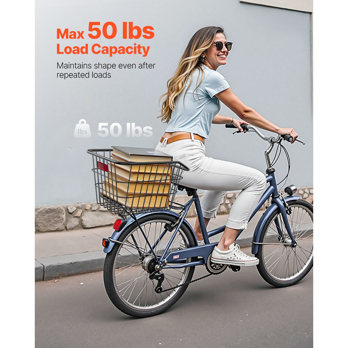 Rear Bicycle Basket with Reflective Light & Protective Cover - Heavy Duty Metal