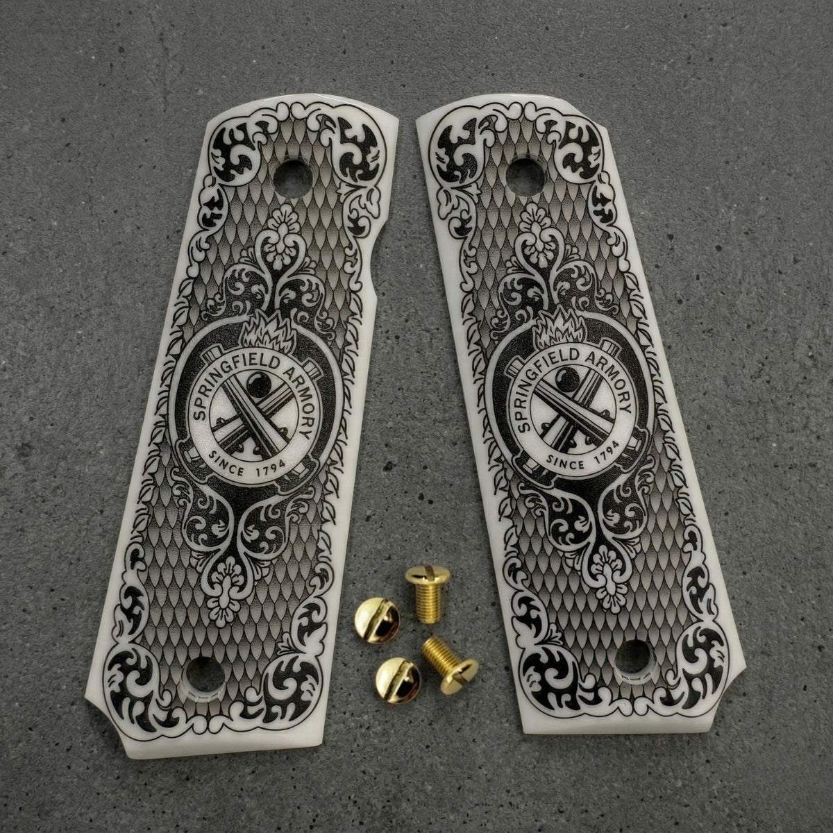 1911 Pistol Grips White Pearl Polymer with Springfield Logo - Custom Full Size Fit