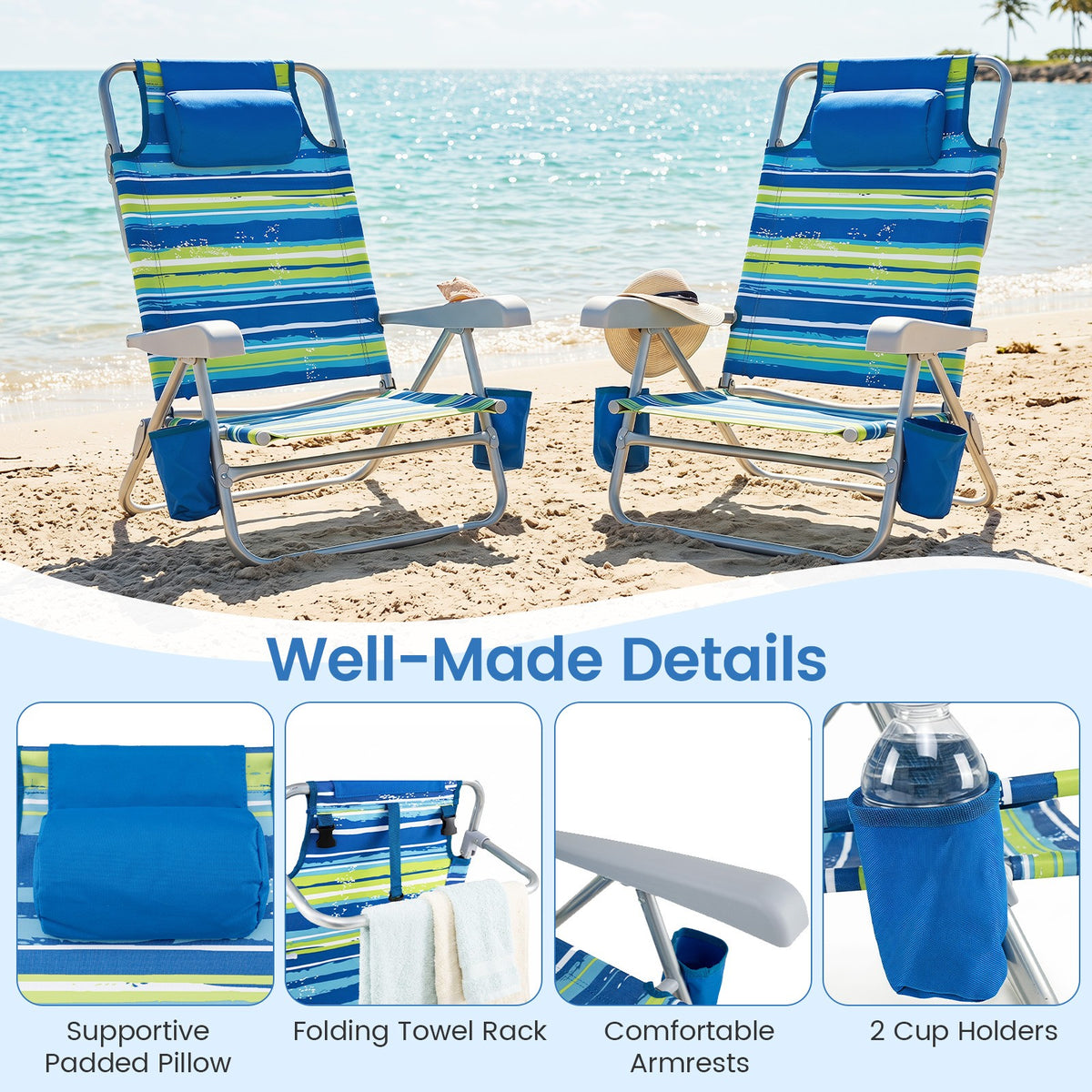 Portable Folding Beach Chair with Cooler Bag & Adjustable Backrest