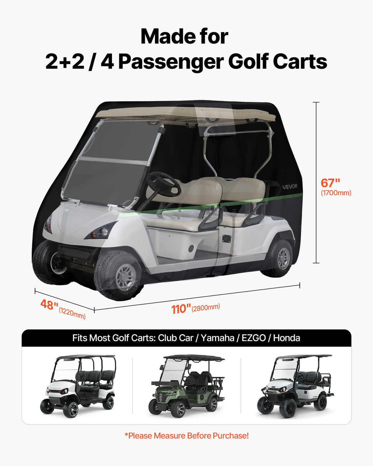 Golf Cart Cover Full Enclosure for 2+2/4 Passenger Carts - Durable 600D Oxford