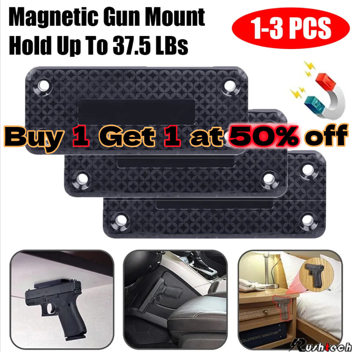 Magnetic Gun Mount Holder Holster - Concealed Pistol & Firearm Car Desk Bed Mounts - 1-3 Pack
