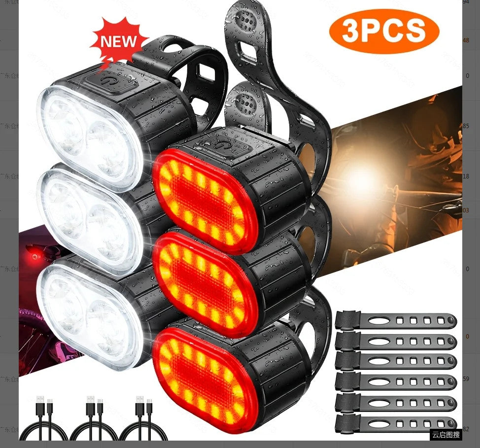 USB Rechargeable Waterproof Bicycle Lights Set - Front & Rear Safety Lamp