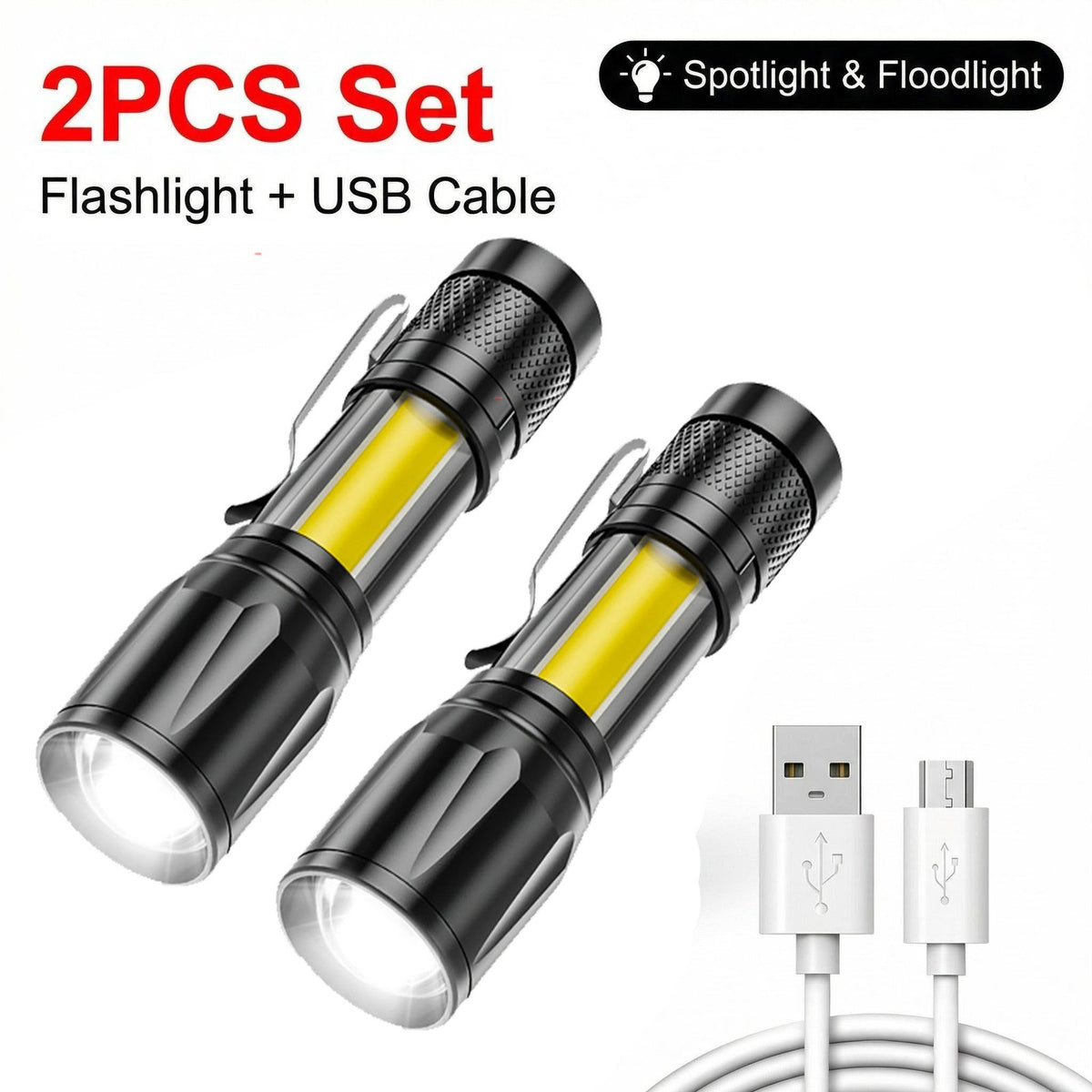Rechargeable LED Flashlight Torch with Zoomable COB Light USB Powered