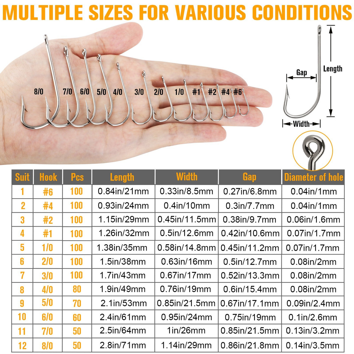 Saltwater Fishing Hooks Set - Long Shank O'Shaughnessy J Hooks for Bait & Trolling