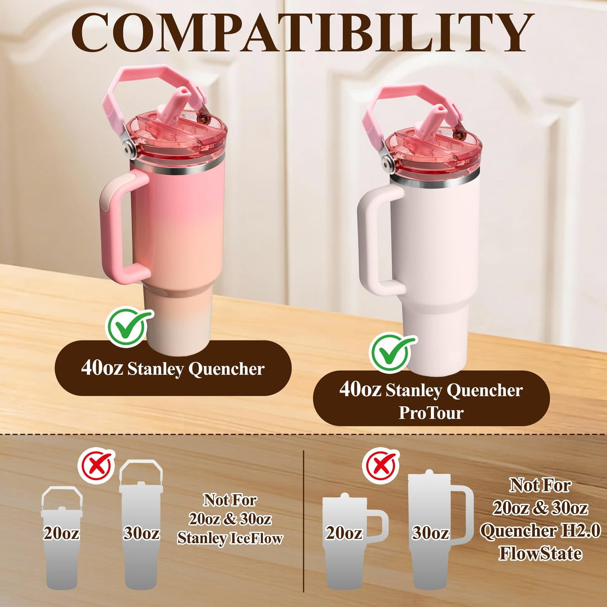 Leakproof Flip Straw Lid with Handle for 40oz Stanley Quencher Pink