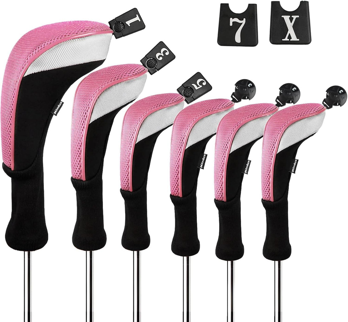 Golf Club Head Covers Set - 6-Piece Black and Pink Protects Drivers & Hybrids