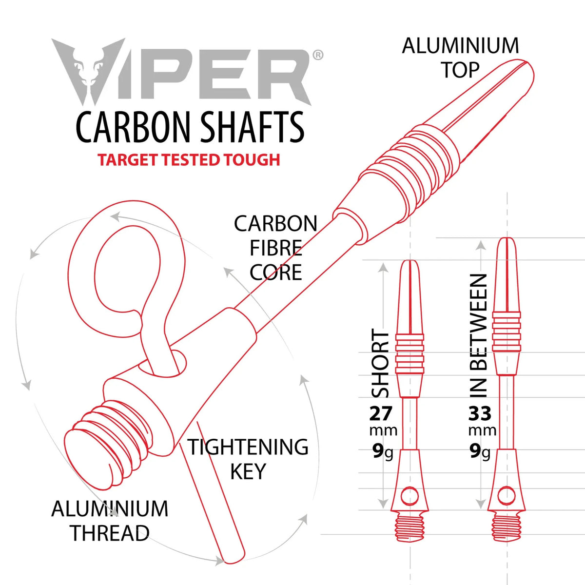 Viper Carbon Fiber Short Dart Shafts 27mm Red Tips – Set of 3 with O-Rings