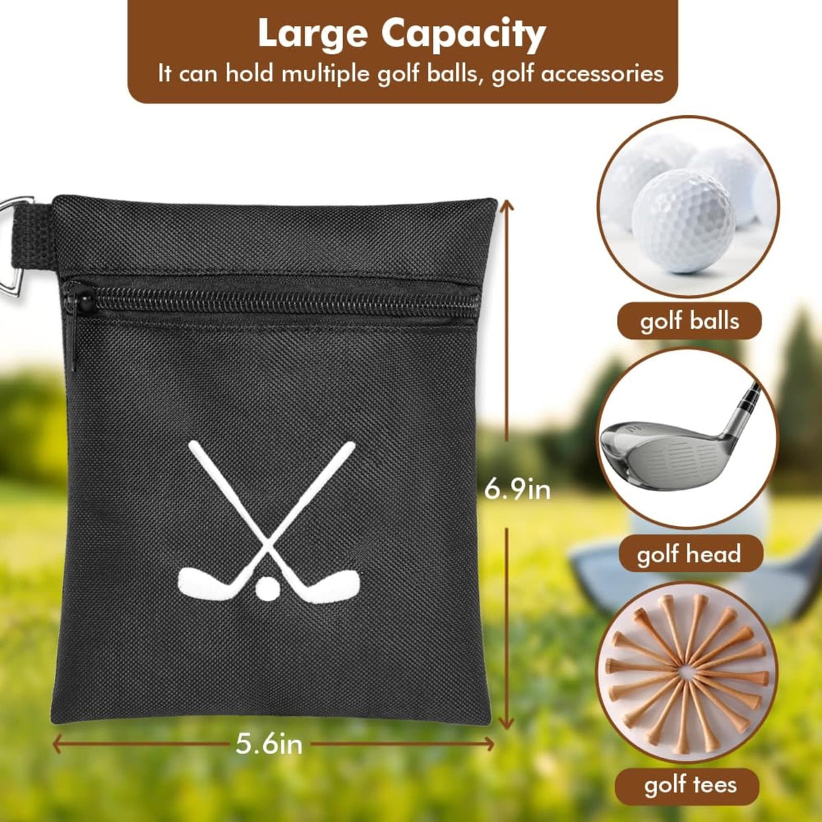 Golf Accessory Pouch Waterproof Ball & Tee Organizer with Swivel Clip