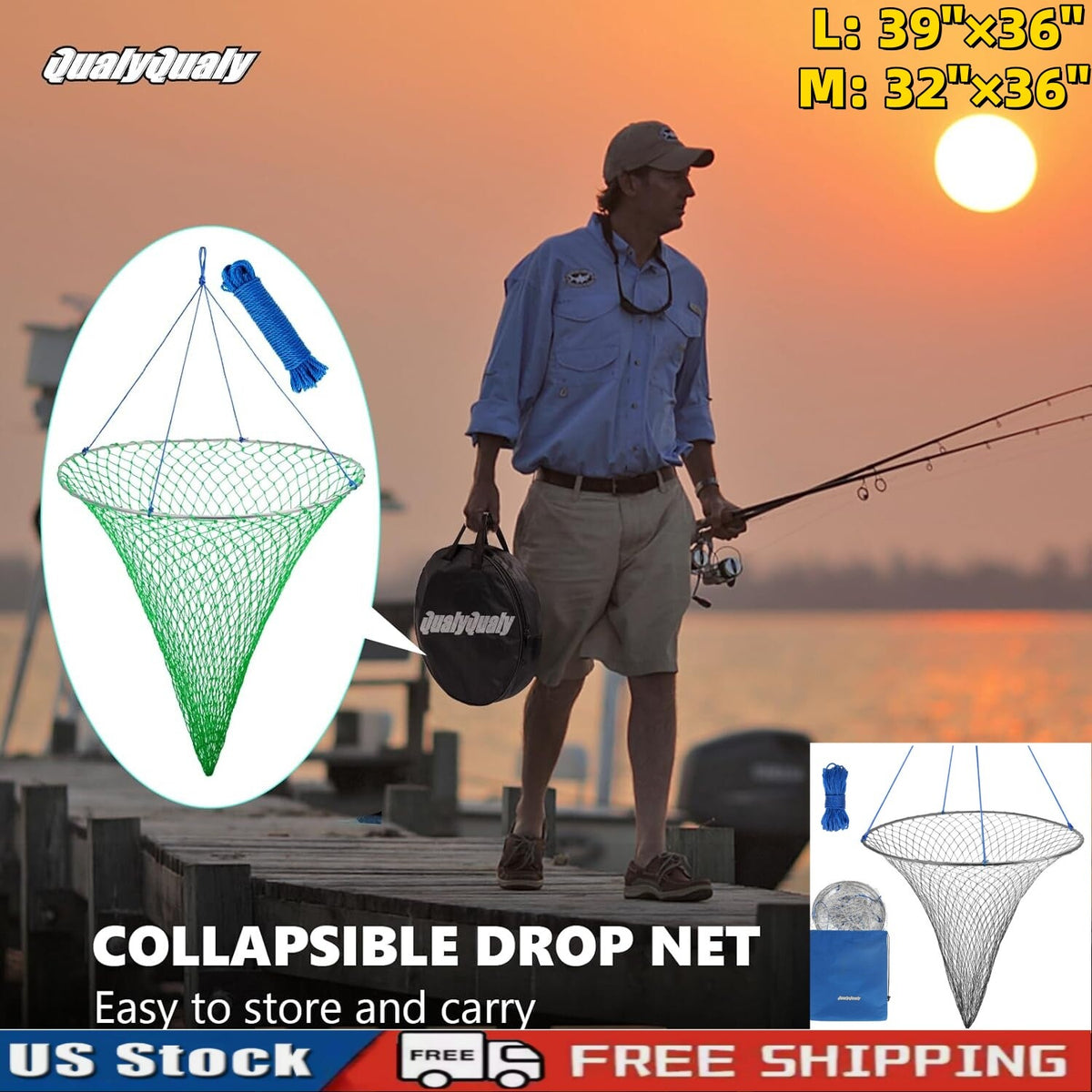 Foldable Bridge and Pier Fishing Net - Steel Hoop, Nylon Mesh, Multi-Size