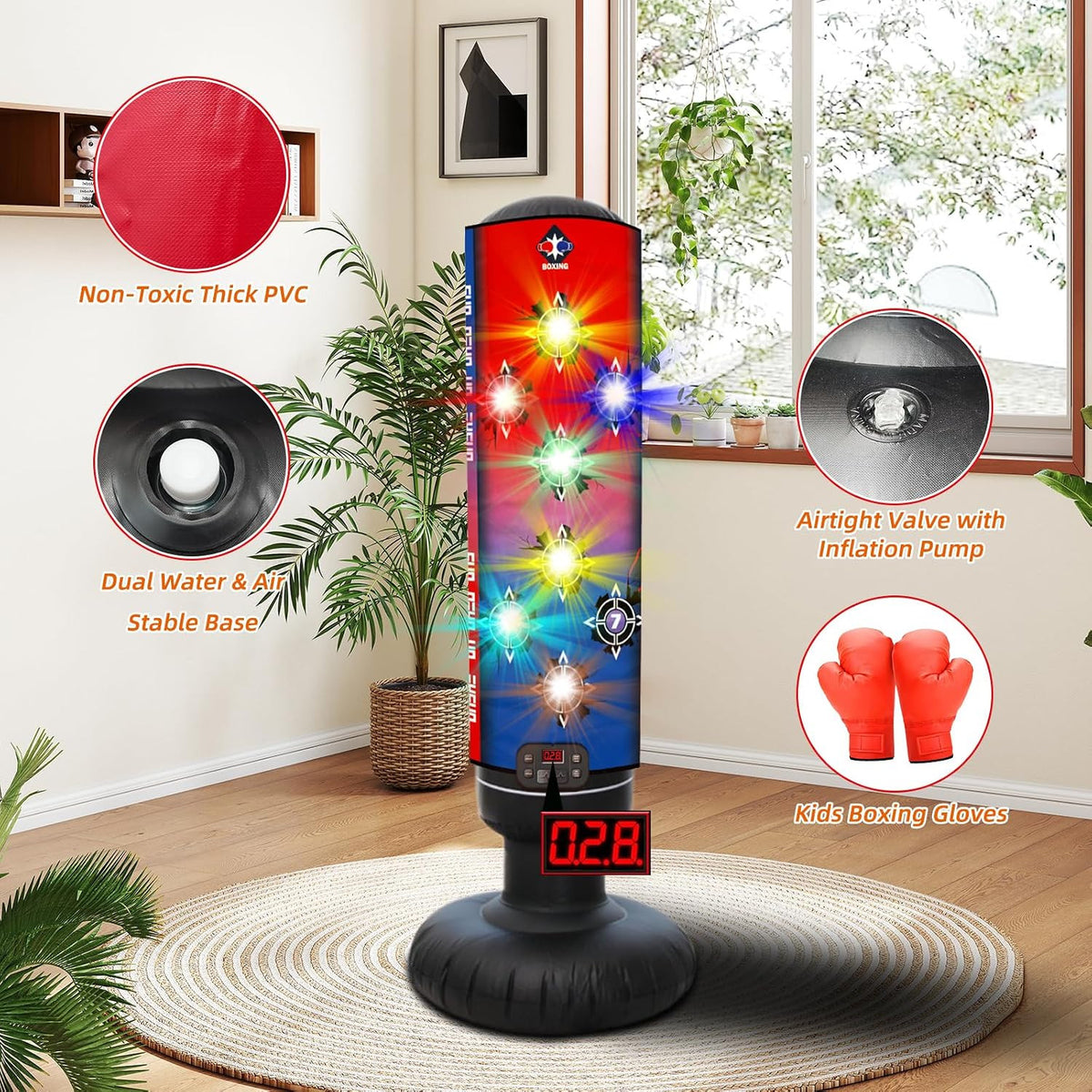 Kids Inflatable Punching Bag with Music & Light-Up Targets - Boxing Set for Ages 3+