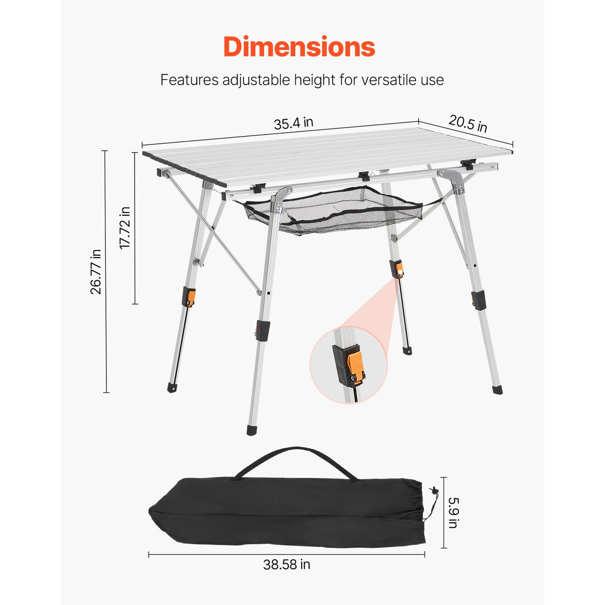 Portable Folding Aluminum Camping Table with Roll-Up Top & Mesh Shelf