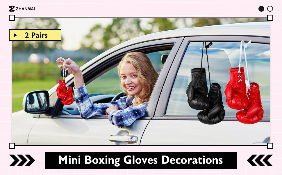 Mini Boxing Gloves Car Mirror Decorations - 2 Pairs Black & Red Leather
