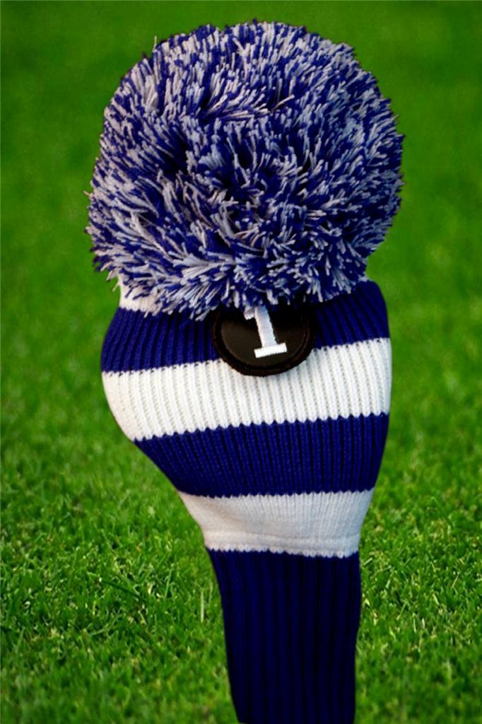 Golf Club Headcover with Pom Pom Knit Sock for Drivers - Blue & White