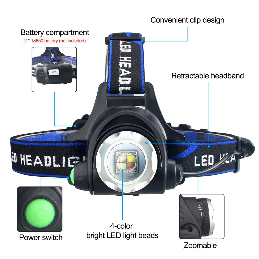 Multicolor LED RGBW Zoom Headlamp - Hunting, Camping & Outdoor Light