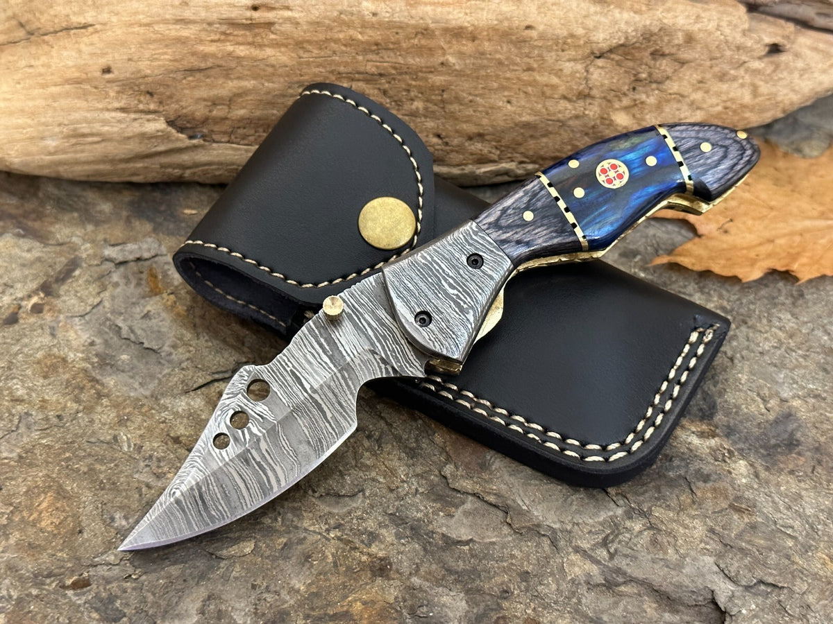 Damascus Folding Pocket Knife with Small Defects Handmade, Multiple Variants