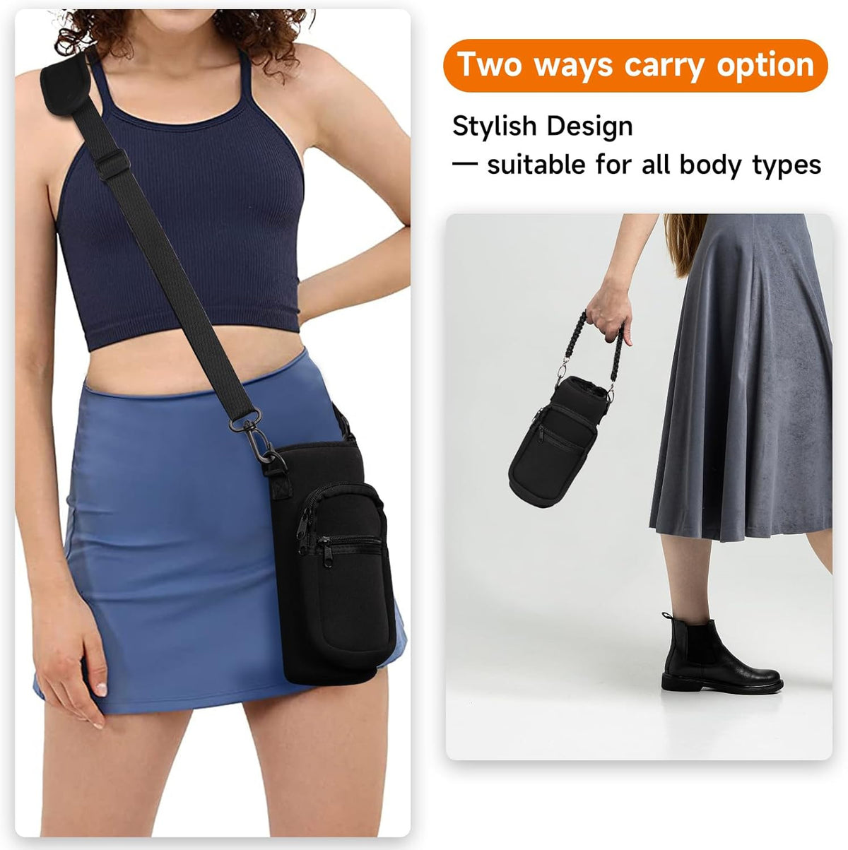 Insulated Water Bottle Carrier Bag 16-40 Oz Neoprene Sling with Pockets