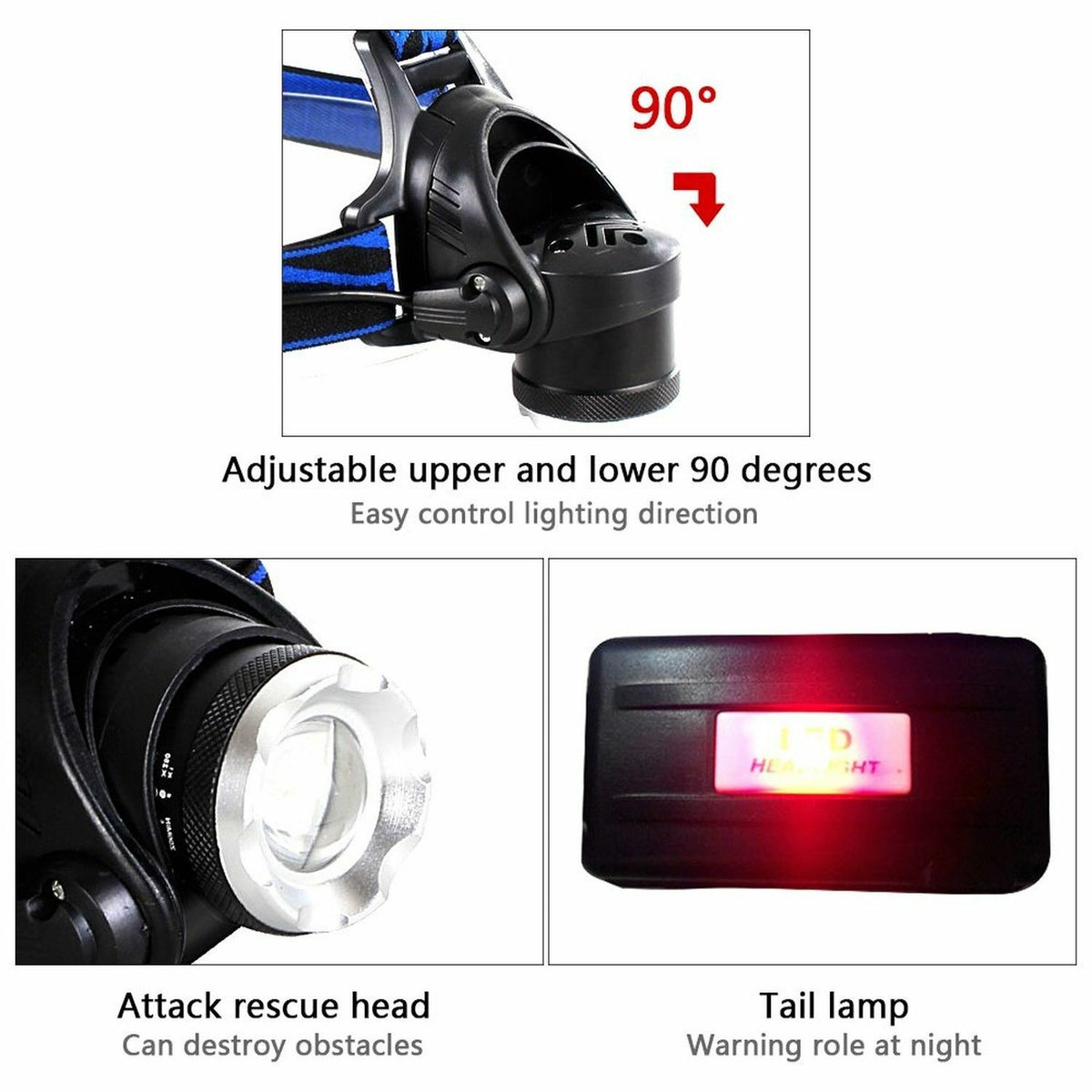 Rechargeable LED Headlamp Waterproof Head Torch with 3 Modes 100m Beam